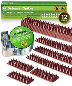 de-bird bundle includes: defender spikes 12 pk & reflective scare tape 125ft roll - keep away pigeon & woodpeckers from your garden