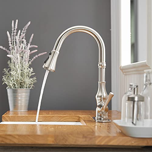 Kitchen Faucet Brushed Nickel with Pull Out Sprayer Commercial High Arc 3 Functions Farmhouse Faucet for Kitchen Sink Single Handle Single Hole with Deck Plate Kitchen Faucets by BWE