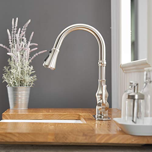 Kitchen Faucet Brushed Nickel with Pull Out Sprayer Commercial High Arc 3 Functions Farmhouse Faucet for Kitchen Sink Single Handle Single Hole with Deck Plate Kitchen Faucets by BWE