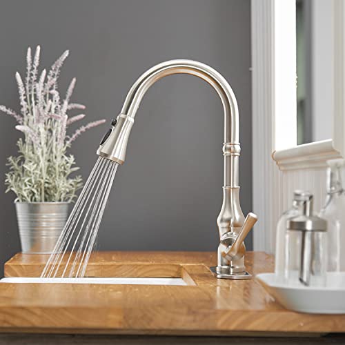 Kitchen Faucet Brushed Nickel with Pull Out Sprayer Commercial High Arc 3 Functions Farmhouse Faucet for Kitchen Sink Single Handle Single Hole with Deck Plate Kitchen Faucets by BWE