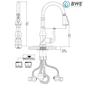 Kitchen Faucet Brushed Nickel with Pull Out Sprayer Commercial High Arc 3 Functions Farmhouse Faucet for Kitchen Sink Single Handle Single Hole with Deck Plate Kitchen Faucets by BWE