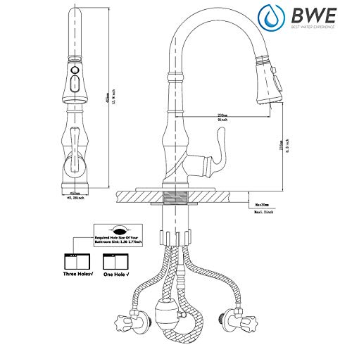 Kitchen Faucet Brushed Nickel with Pull Out Sprayer Commercial High Arc 3 Functions Farmhouse Faucet for Kitchen Sink Single Handle Single Hole with Deck Plate Kitchen Faucets by BWE