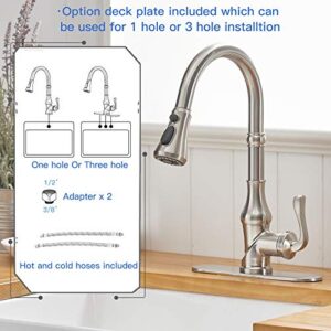 Kitchen Faucet Brushed Nickel with Pull Out Sprayer Commercial High Arc 3 Functions Farmhouse Faucet for Kitchen Sink Single Handle Single Hole with Deck Plate Kitchen Faucets by BWE