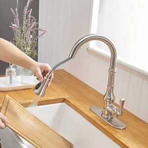 Kitchen Faucet Brushed Nickel with Pull Out Sprayer Commercial High Arc 3 Functions Farmhouse Faucet for Kitchen Sink Single Handle Single Hole with Deck Plate Kitchen Faucets by BWE