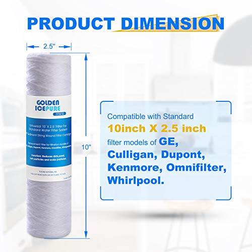 GOLDEN ICEPURE 5 Micron 10" 2.5" Whole House String Sediment Water Filter Compatible with Dupont WFPFC4002, EPW2, EPW2VC, EPW2C, WP-5, AP110, CFS110, WFPFC4002, CW-MF 4PACK