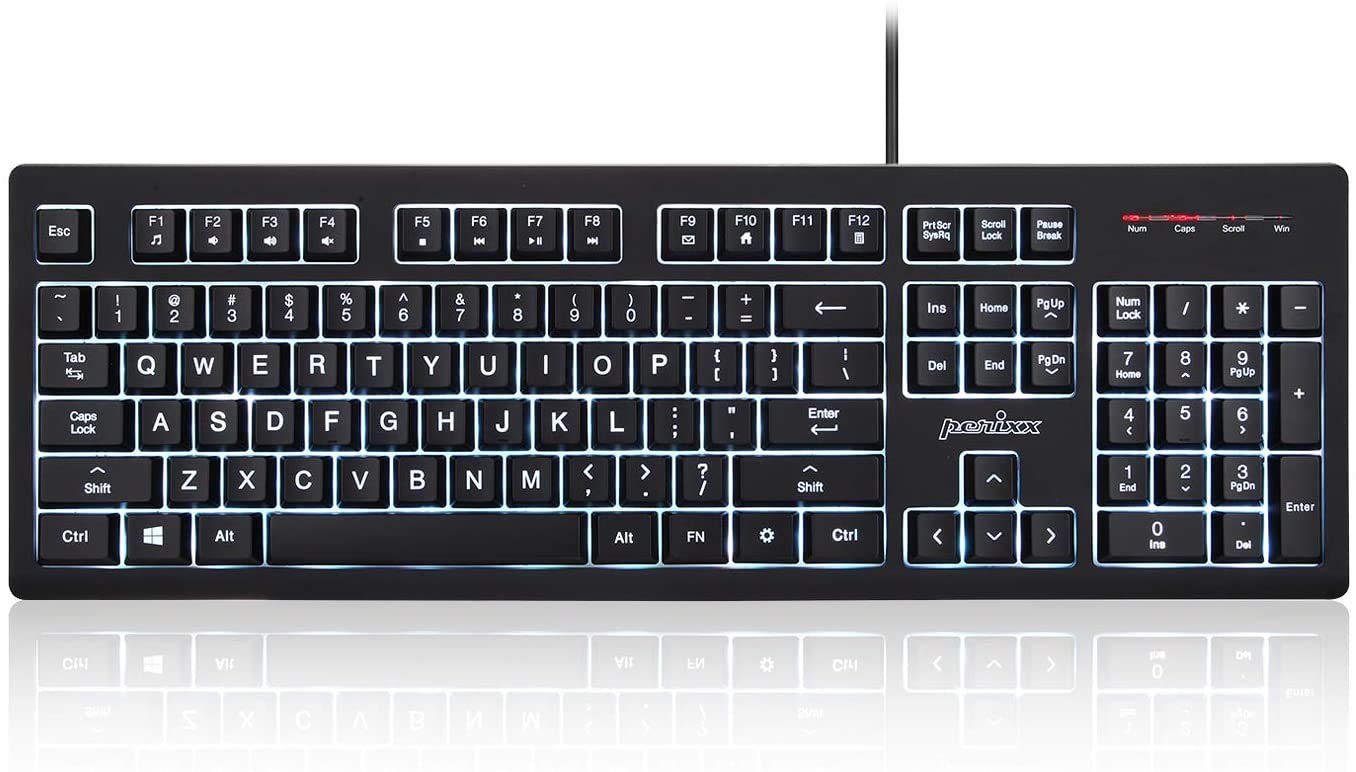 Perixx PERIBOARD-329 Wired USB Backlit Keyboard, Big Print Letter with 7-Color Illuminated LED, X Type High Scissor Keys, Black, US English Layout (11663)