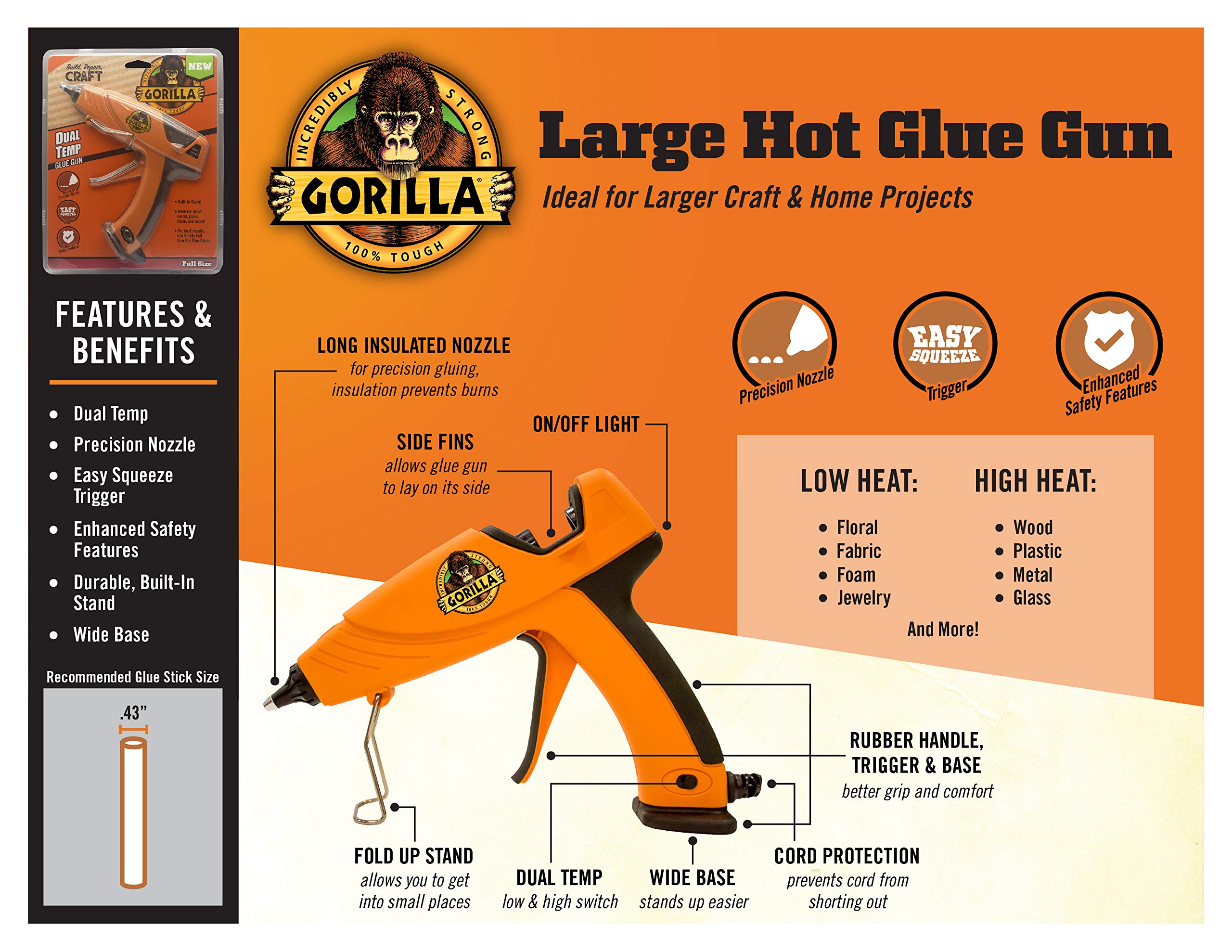 Gorilla Dual Temp Full-Size Hot Glue Gun, Orange