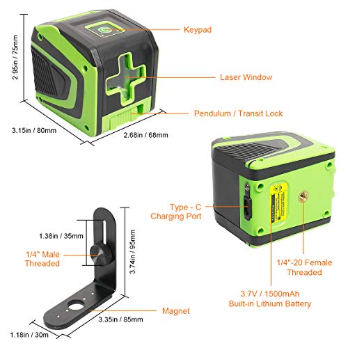 Huepar Self-leveling Laser Level with Rechargeable Li-ion Battery- Green Beam Cross Line Laser Level with Pulse Mode for Ceiling/Floor/Wall Application, Magnetic Metal Base Included - 5011GPro