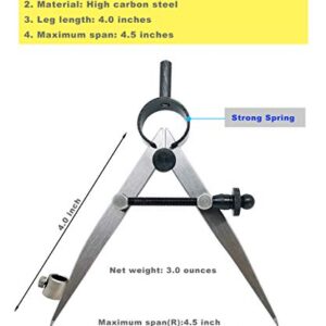 ZLKSKER 4/10 inch Woodworking Compass with Pencil Holder, Precision Spring Divider/Scriber, All Metal Compass for Leather Work Metalworking (4 inch)