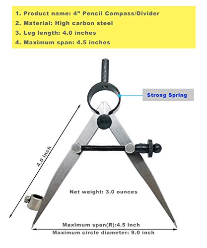 ZLKSKER 4/10 inch Woodworking Compass with Pencil Holder, Precision Spring Divider/Scriber, All Metal Compass for Leather Work Metalworking (4 inch)