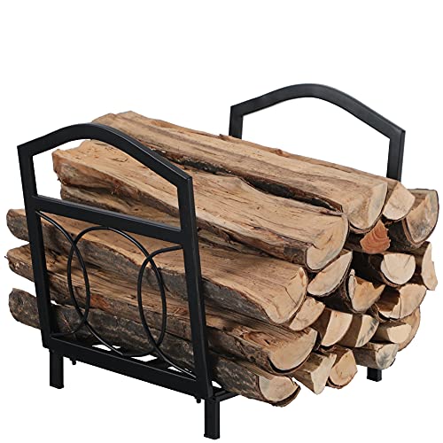 PHI VILLA 17 Inch Small Firewood Log Rack Indoor/Outdoor Steel Wood Storage Log Rack Bin Wood Holder Fireplace Accessories Circle Design, Black