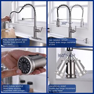 RKF Commercial Kitchen Faucet with Pull Down Spray Head,Single Lever Handle Pull Down Sprayer Kitchen Faucet with Deck Plate and Soap Dispenser,Brushed Nickel,PD05T-32/BN