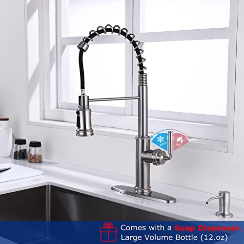 RKF Commercial Kitchen Faucet with Pull Down Spray Head,Single Lever Handle Pull Down Sprayer Kitchen Faucet with Deck Plate and Soap Dispenser,Brushed Nickel,PD05T-32/BN