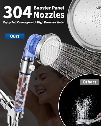 Luxsego Filtered Shower Head for Hard Water with Stop, High Pressure 4-Mode Shower Heads Built-in Power Spray to Clean Corner, Tub & Pets, Water Softener Handheld Shower to Remove Chlorine & Fluoride