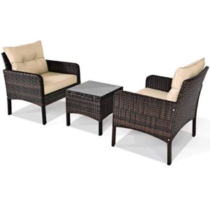 Tangkula 3 Piece Outdoor Patio Furniture Set for 2, Wicker Chairs with Glass Top Coffee Table, Thick Cushions, All Weather Garden Lawn Poolside Backyard Porch (Brown)