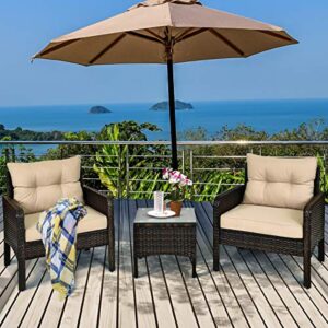 Tangkula 3 Piece Outdoor Patio Furniture Set for 2, Wicker Chairs with Glass Top Coffee Table, Thick Cushions, All Weather Garden Lawn Poolside Backyard Porch (Brown)