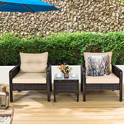 Tangkula 3 Piece Outdoor Patio Furniture Set for 2, Wicker Chairs with Glass Top Coffee Table, Thick Cushions, All Weather Garden Lawn Poolside Backyard Porch (Brown)