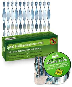 de-bird bundle includes: bird scare rods 12 pk & reflective scare tape 125ft roll - keep away pigeon & woodpeckers from your garden