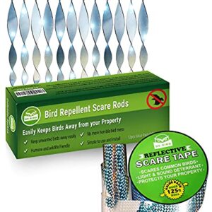 De-Bird Bundle Includes: Bird Scare Rods 12 Pk & Reflective Scare Tape 125ft roll - Keep Away Pigeon & Woodpeckers from Your Garden