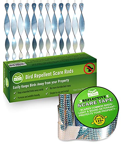 De-Bird Bundle Includes: Bird Scare Rods 12 Pk & Reflective Scare Tape 125ft roll - Keep Away Pigeon & Woodpeckers from Your Garden