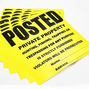 WristCo Posted Sign Yellow Private Property for outdoors - 11" x 11" 100 per Pack weatherproof tear-resistant Tyvek high visibility for warning no trespassing hunting fishing trapping