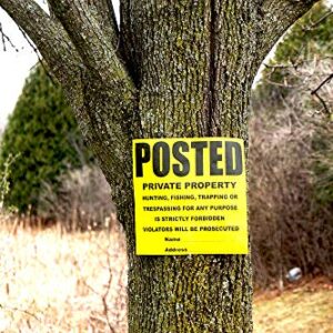 WristCo Posted Sign Yellow Private Property for outdoors - 11" x 11" 100 per Pack weatherproof tear-resistant Tyvek high visibility for warning no trespassing hunting fishing trapping