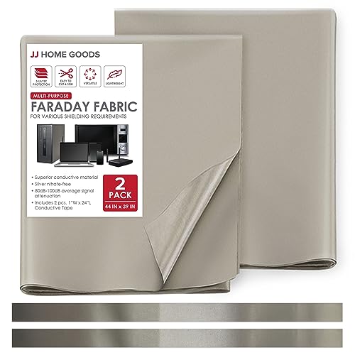 JJ CARE Faraday Fabric [Pack of 2, 44" x 39" Faraday Cloth + 1" x 24" Long Faraday Tape + Instructions] - Military Grade Shielding Fabric from Signals, Bluetooth, GPS, Signal Blocker, WiFi Jammer