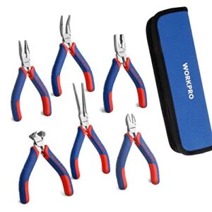 workpro 6-piece mini pliers set - needle nose, diagonal, long nose, bent nose, end cutting and linesman, for making crafts, repairing electronic devices, with pouch