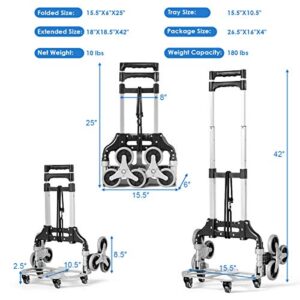 Goplus Stair Climbing Cart, Portable Folding Aluminium Hand Truck Trolley Cart w/Bungee Cord, 6 Wheels, 180 lbs Capacity, Telescoping Handle, All Terrain Stair Climber Dolly for Luggage, Heavy Duty