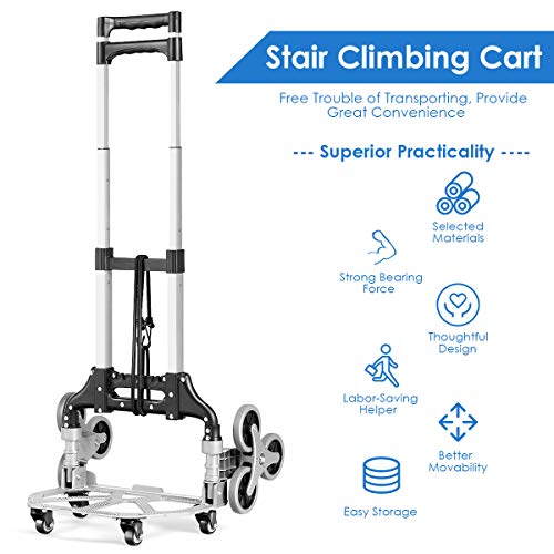 Goplus Stair Climbing Cart, Portable Folding Aluminium Hand Truck Trolley Cart w/Bungee Cord, 6 Wheels, 180 lbs Capacity, Telescoping Handle, All Terrain Stair Climber Dolly for Luggage, Heavy Duty