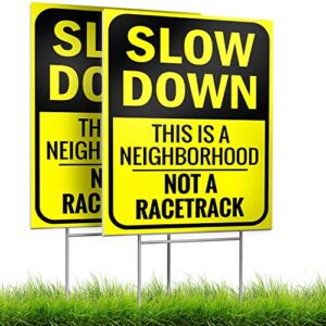 bigtime 2 x slow down sign 16" x 12" - double-sided kids at play signs with metal h-stake for neighborhoods - durable & funny slow man sign for ensuring child safety - thoughtful gift idea