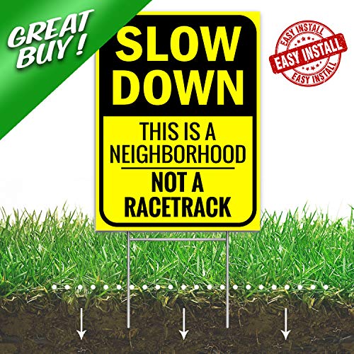 Bigtime 2 X Slow Down Sign 16" x 12" - Double-Sided Kids At Play Signs with Metal H-Stake for Neighborhoods - Durable & Funny Slow Man Sign for Ensuring Child Safety - Thoughtful Gift Idea