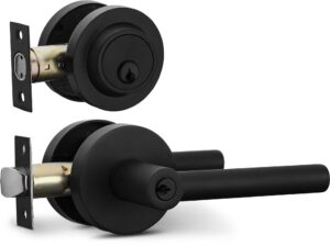 berlin modisch entry lever door handle and single cylinder deadbolt lock and key sleek round locking lever handle set [front door or office] right & left sided doors heavy duty – iron black finish