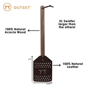Outset Acacia Wood and Leather Heavy Duty, Extra Large Fly Swatter, Brown