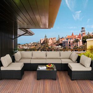 valita 7 piece outdoor pe wicker furniture set, patio black rattan sectional sofa couch with washable khaki cushions…