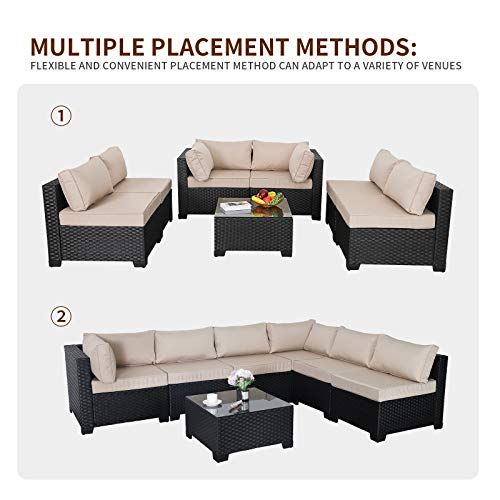 Valita 7 Piece Outdoor PE Wicker Furniture Set, Patio Black Rattan Sectional Sofa Couch with Washable Khaki Cushions…