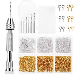 pin vise for resin casting molds, shynek hand drill for jewelry making resin tools includes 1pcs push hand drill 10pcs drill bits 480pcs eye screws for diy keychain (gold+silver)