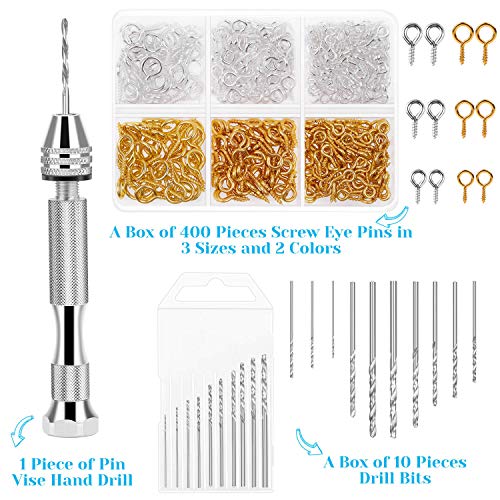 Pin Vise for Resin Casting Molds, Shynek Hand Drill for Jewelry Making Resin Tools Includes 1Pcs Push Hand Drill 10Pcs Drill Bits 480Pcs Eye Screws for DIY Keychain (Gold+Silver)