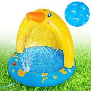 inflatable baby pool with canopy, kiddie splash duck pool with sprinkler outdoor water toys summer blow up swimming pool outside backyard indoor gift for kid toddlers boy girl age 1-2 1-3 year old