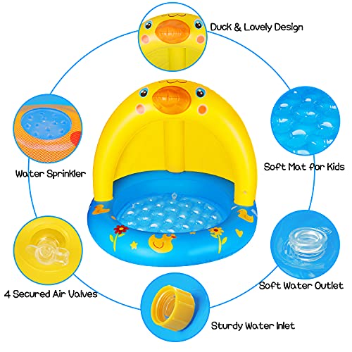 Inflatable Baby Pool with Canopy, Kiddie Splash Duck Pool with Sprinkler Outdoor Water Toys Summer Blow up Swimming Pool Outside Backyard Indoor Gift for Kid Toddlers Boy Girl Age 1-2 1-3 Year Old