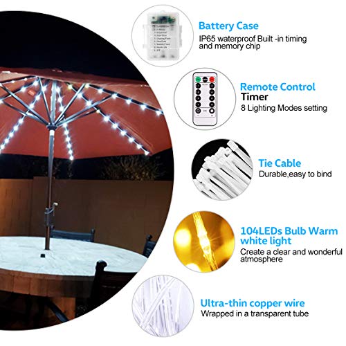 iYeHo Patio Umbrella Light String Lights 8 Brightness Modes 104 LEDs at 3AA Battery Operated Waterproof Outdoor Umbrella Pole Light for Patio Umbrellas Camping Tents (Warm White)