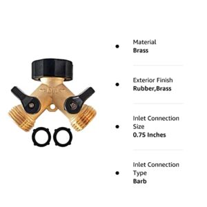 Hourleey Brass Garden Hose Splitter 2 Way, 3/4 Inch Hose Connector Tap Splitter, Hose Y Splitter, Hose Spigot Adapter 2 Valves with Extra Rubber Washers (1)