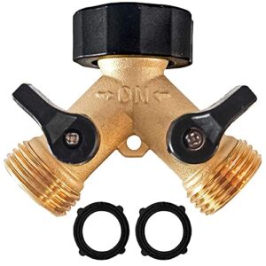 hourleey brass garden hose splitter 2 way, 3/4 inch hose connector tap splitter, hose y splitter, hose spigot adapter 2 valves with extra rubber washers (1)
