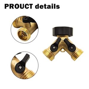 Hourleey Brass Garden Hose Splitter 2 Way, 3/4 Inch Hose Connector Tap Splitter, Hose Y Splitter, Hose Spigot Adapter 2 Valves with Extra Rubber Washers (1)