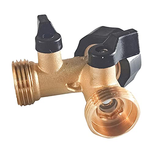 Hourleey Brass Garden Hose Splitter 2 Way, 3/4 Inch Hose Connector Tap Splitter, Hose Y Splitter, Hose Spigot Adapter 2 Valves with Extra Rubber Washers (1)