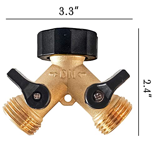 Hourleey Brass Garden Hose Splitter 2 Way, 3/4 Inch Hose Connector Tap Splitter, Hose Y Splitter, Hose Spigot Adapter 2 Valves with Extra Rubber Washers (1)