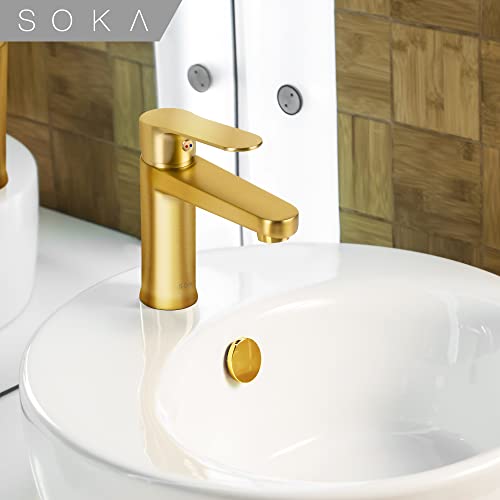 SOKA Brass Bathroom Faucet Brushed Gold Bathroom Sink Faucet Gold with Pop-up Sink Drain Stopper & Deck Plate 1 or 3 Hole Bathroom Faucet Single Handle Bathroom Faucet Single Hole RV Bathroom Faucet