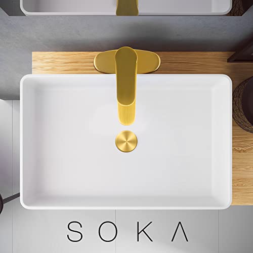 SOKA Brass Bathroom Faucet Brushed Gold Bathroom Sink Faucet Gold with Pop-up Sink Drain Stopper & Deck Plate 1 or 3 Hole Bathroom Faucet Single Handle Bathroom Faucet Single Hole RV Bathroom Faucet