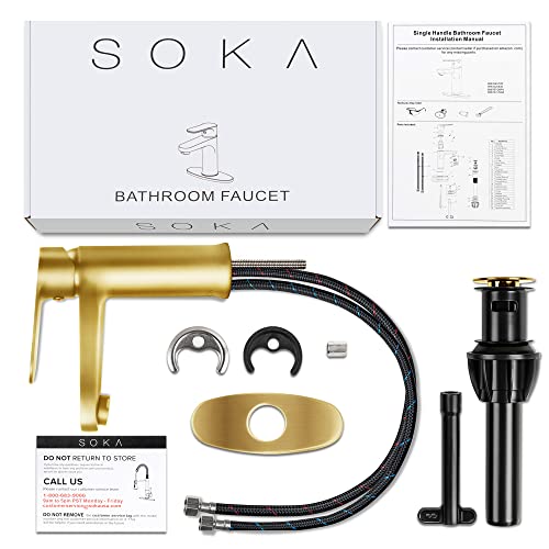 SOKA Brass Bathroom Faucet Brushed Gold Bathroom Sink Faucet Gold with Pop-up Sink Drain Stopper & Deck Plate 1 or 3 Hole Bathroom Faucet Single Handle Bathroom Faucet Single Hole RV Bathroom Faucet