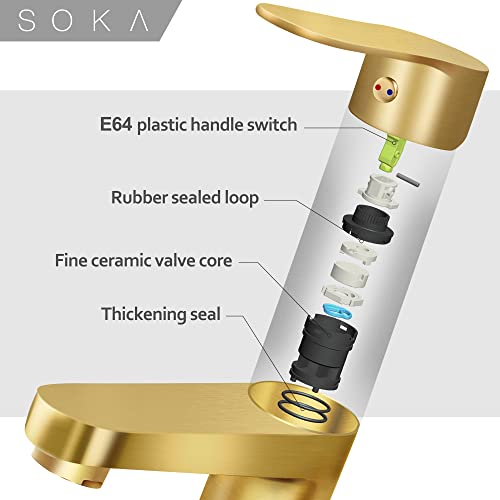 SOKA Brass Bathroom Faucet Brushed Gold Bathroom Sink Faucet Gold with Pop-up Sink Drain Stopper & Deck Plate 1 or 3 Hole Bathroom Faucet Single Handle Bathroom Faucet Single Hole RV Bathroom Faucet